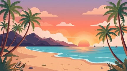 Obraz premium tropical beach sunset with palm trees and ocean waves illustration