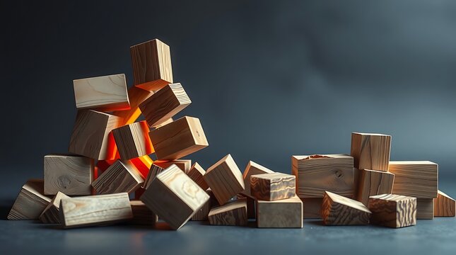 scattered wooden blocks with orange light on dark background