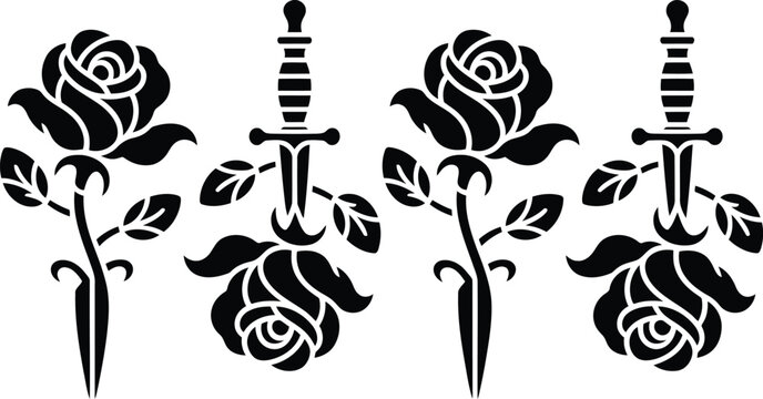 Four black and white illustrations of roses with daggers vintage style isolated on white background