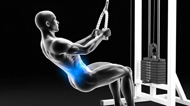 Anatomical male figure performing seated cable row exercise with highlighted abdominal muscles for fitness and medical visualization