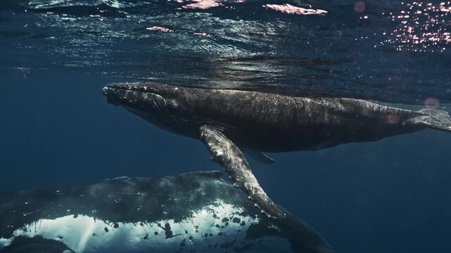 Underwater humpback mother whale swimming very close to camera together with newborn calf. Baby whale playing swimming. Tender moment of new family. Amazing wildlife marine nature animals shot.