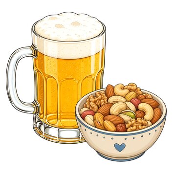 泡のあるビールジョッキとミックスナッツボウル｜ビール ナッツ 居酒屋メニュー