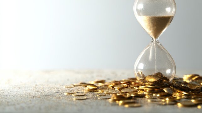 Time is Money: An hourglass with sand running through it, surrounded by gold coins
