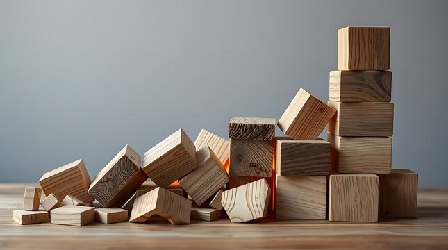 wooden building blocks stacked and scattered on a table