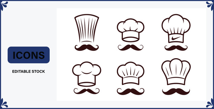 Collection of chef hats and mustaches in various styles for cooking and restaurant themes  editable stock icons