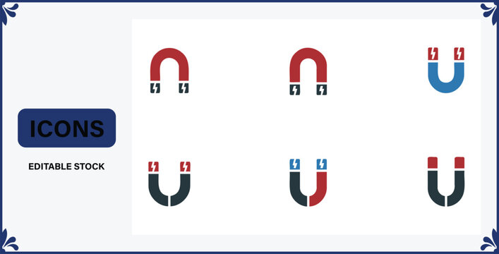 Collection of colorful magnetic icons with different polarity on white background for graphic resources and design