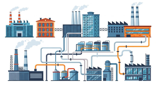 Industrial factory complex with interconnected pipelines and smoke stacks.