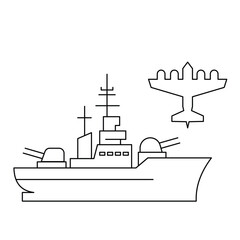 Warship and military bomber plane icon in thin line style.Editable stroke, Vector illustration, Line art Icon, Symbols. © K
