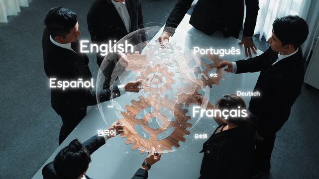 A diverse group of business professionals collaborates in a modern meeting room, engaging in conversation with a focus on multilingual communication and global strategies. Raster