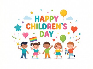 Fototapeta premium Happy Children's Day celebration with lovely kids, rainbow flag, balloon, and rocket