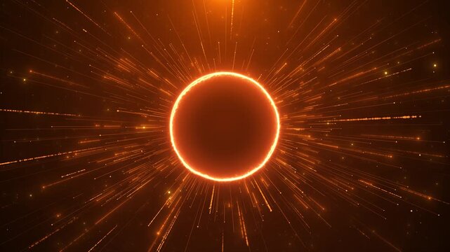 Orange energy sphere burst glowing circular core, fast streaking rays, solar particles, warm cosmic power. sci fi intros, logo reveals, space videos, energy effects, game promos, dramatic overlays.