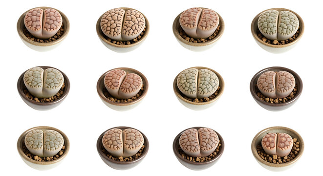 A collection of twelve small potted lithops plants, also known as living stones, displayed in a grid formation against a white background.