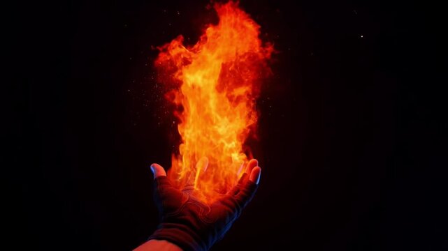 Cinematic fire in hand, glowing orange flame on gloved palm, magical fire manipulation effect, burning heat element for fantasy film
