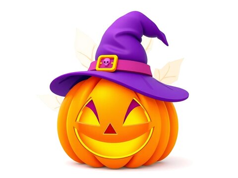 A whimsical jack-o'-lantern wearing a purple witch's hat with a bat buckle