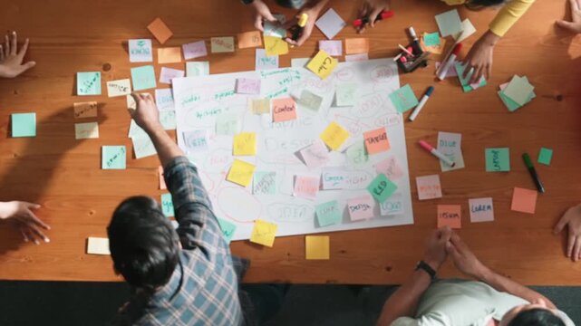 Top view of project manager writing and sticking stick notes. Aerial view of professional business people working together planning strategy while drafting mind mapping at meeting room. Symposium.