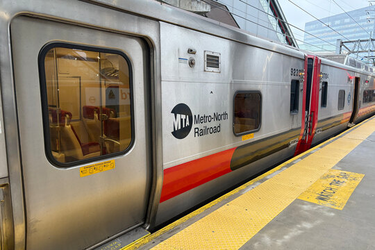 A Metro-North Railroad train comes to a stop at Stamford train station in Norwalk, Connecticut on January 9, 2026.