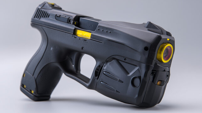Black and yellow taser gun isolated on gray background, nonlethal security device concept