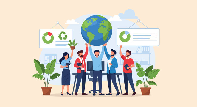 Sustainable Business Team Holding Large Globe for Corporate Social Responsibility and Global Ecology Concept Illustration