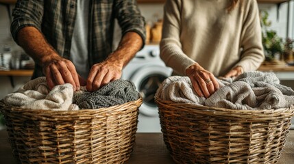 Obraz premium Couple Organizing Laundry Together. Two Individuals Work Jointly On Household Laundry Activities. Pair Actively Participating In Shared Household Responsibilities In Cozy Kitchen Setting