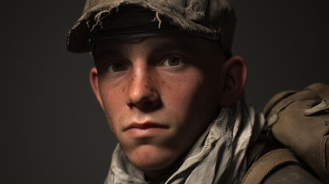 Close-up portrait of young scout in uniform and cap, outdoor youth service concept
