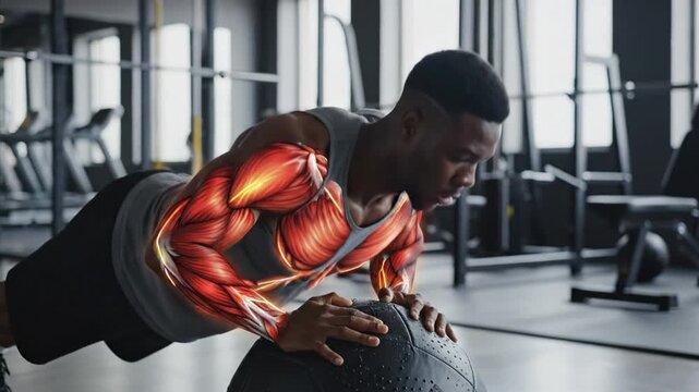 Athletic Black man performing push ups on medicine ball with highlighted tricep muscles in a modern gym
