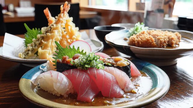 Delicious Japanese Sushi and Tempura Platter Served at a Restaurant Table.