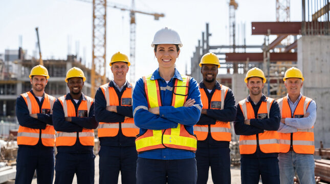 Confident female construction engineer stands with diverse team of workers on active urban building site, all wearing hard hats and safety vests while coordinating large-scale construction project