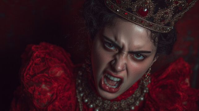 Furious queen wearing a golden crown and red gown screaming in anger, close-up dramatic portrait.