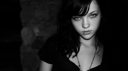 Naklejka premium Black and white portrait of sad young woman, loneliness and emotional distress concept