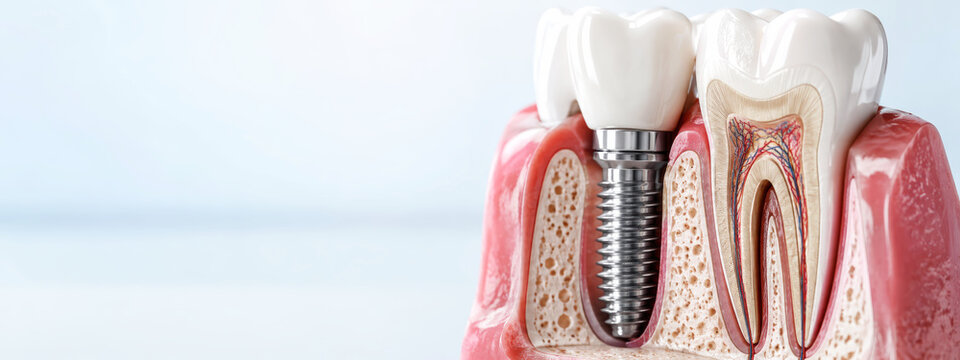 Detailed Illustration of Dental Implant Procedure with Tooth Structure and Gingival Tissue