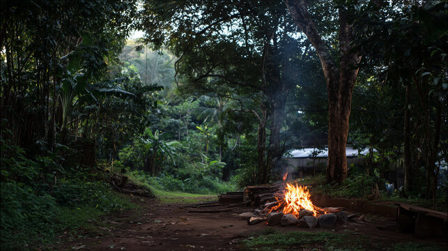 Cozy campfire burning in a lush green forest clearing during dusk, outdoor adventure and camping concept.