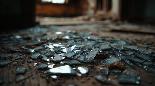 Broken glass shards scattered across the floor of an abandoned building, danger and decay concept