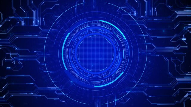Futuristic blue data interface circular HUD rings, glowing circuit lines, central grid area, dark technology layout. for software videos, cyber promos, AI explainers, dashboard loops, tech overlays.