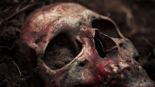 Weathered human skull partially buried in soil, macabre death and horror concept