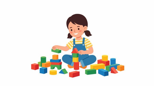 Girl plays with colorful wooden building blocks to stimulate her creativity and early childhood development.