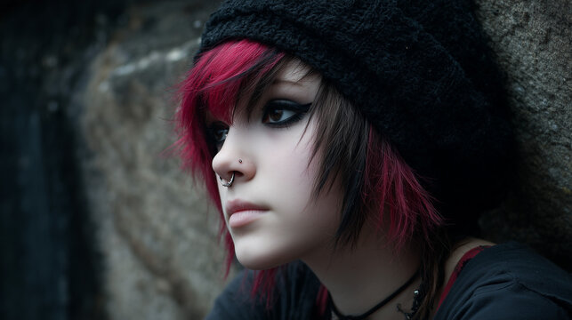 Thoughtful alternative emo girl with pink hair, black beanie, and nose piercings leaning against a stone wall.