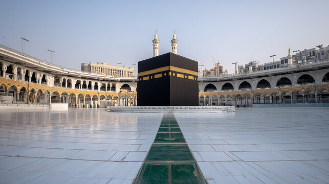 Holy Kaaba in Masjid al-Haram, Mecca, Saudi Arabia, centered wide shot during daytime, Islamic pilgrimage concept.