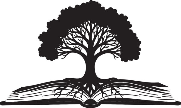 Black silhouette of a majestic tree with deep roots growing from the open pages of a book symbolizing knowledge education nature wisdom growth learning development isolated vector graphic