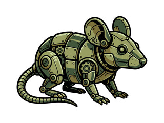 Fototapeta premium A detailed commercial vector graphic of a robotic rat featuring army green metallic plates, gears, and rivets in an industrial steampunk sci-fi style.