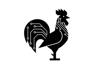 Minimalist rooster icon with digital circuit board pattern on white © tenor