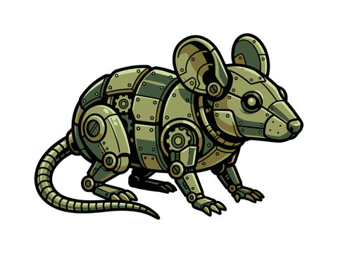 A detailed commercial vector graphic of a robotic rat featuring army green metallic plates, gears, and rivets in an industrial steampunk sci-fi style.