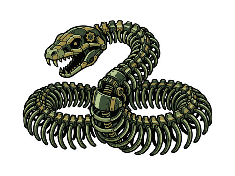 A detailed vector illustration of a mechanical snake skeleton in a coiled pose, featuring steampunk gears, rivets, and metallic plating in shades of green and brass.