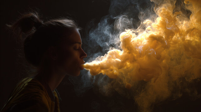 Side profile of a woman exhaling a thick golden cloud of backlit smoke in the dark, dramatic vaping concept.
