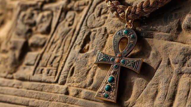 Ornate Ankh Pendant on Ancient Stone Background