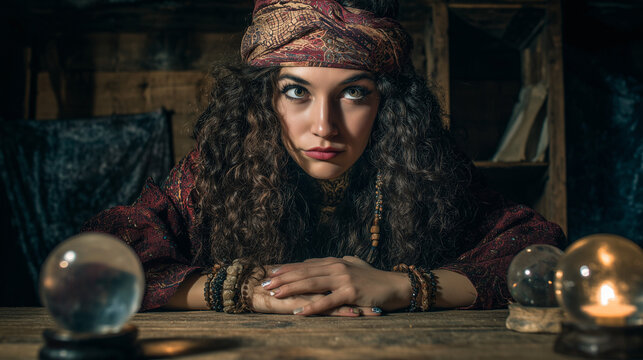 Mysterious young fortune teller woman looking intensely with crystal balls in a dark mystical room.
