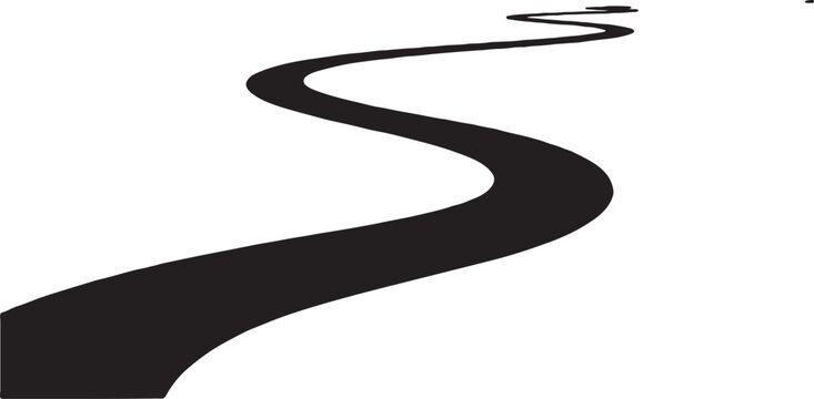 Stylized black winding road or path curving into the distance on a plain white background graphic illustration with direction transport perspective distance illustration minimalist