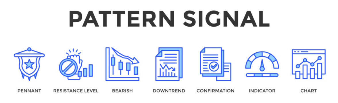 Pattern Signal  Banner Web  Icon Set Collection Pack Vector Illustration Concept Containing Pennant, Resistance Level, Bearish, Downtrend, Confirmation, Indicator, Chart