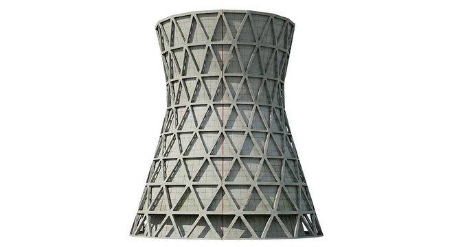 A detailed 3D rendering of a hyperbolic cooling tower structure, isolated on a white background.