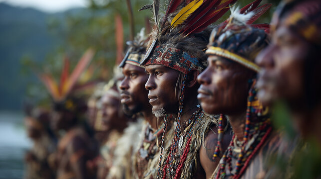 Profile view of indigenous tribal men wearing traditional feather headdresses during a ceremony.