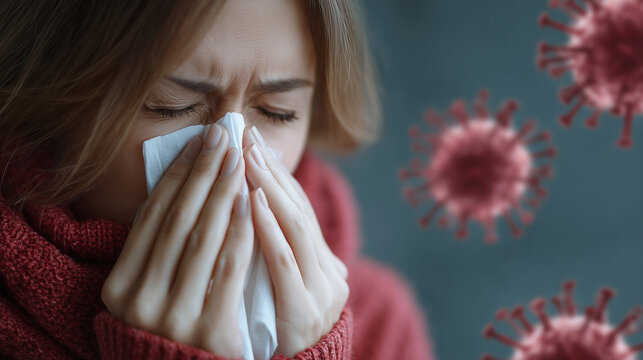 Close-up of a sick woman sneezing into a tissue with floating virus cells, concept of flu or pandemic illness.